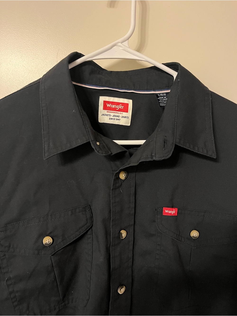 Wrangler Black Collar Button Shirt with Red Logo Patch